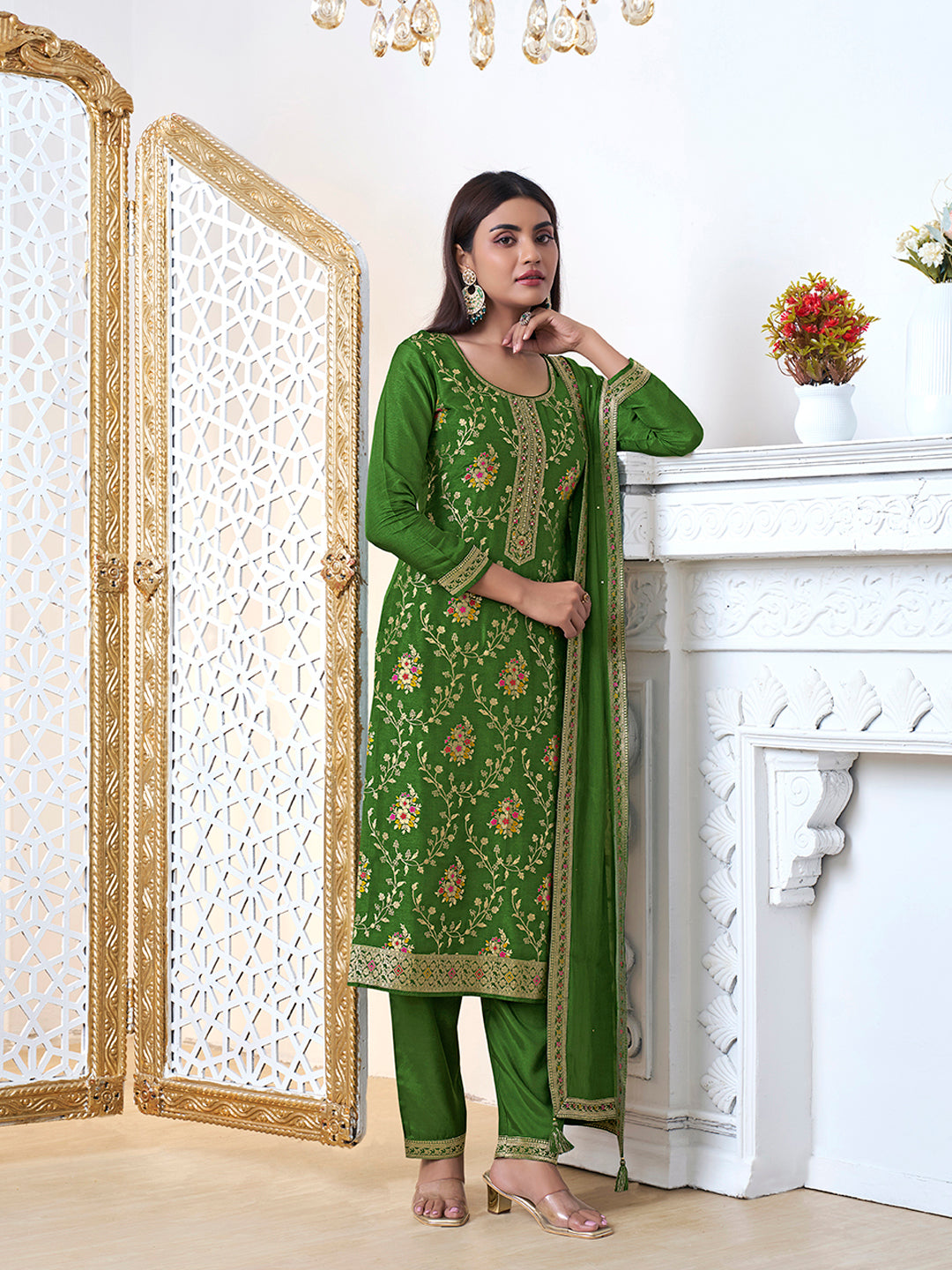 Green Meena Jacquard Kurta Suit Set by Qivii