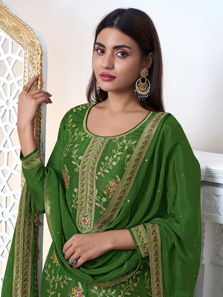 Green Meena Jacquard Kurta Suit Set by Qivii