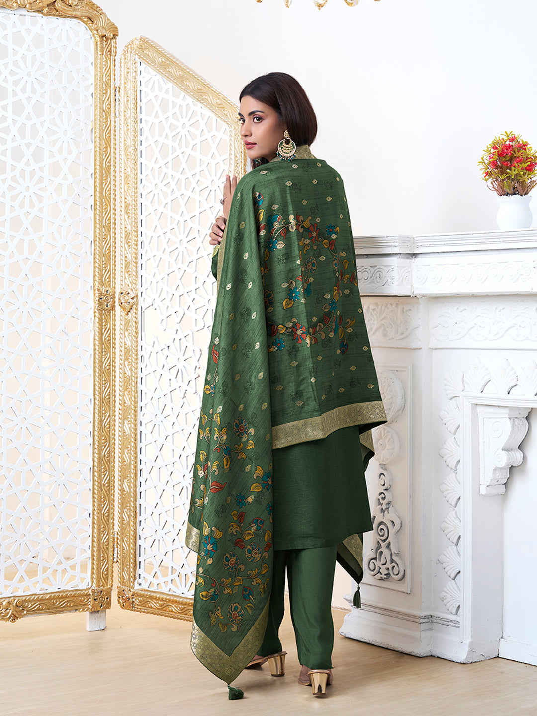 Olive Green Dola Silk with Jacquard Weave Kurta Suit Set