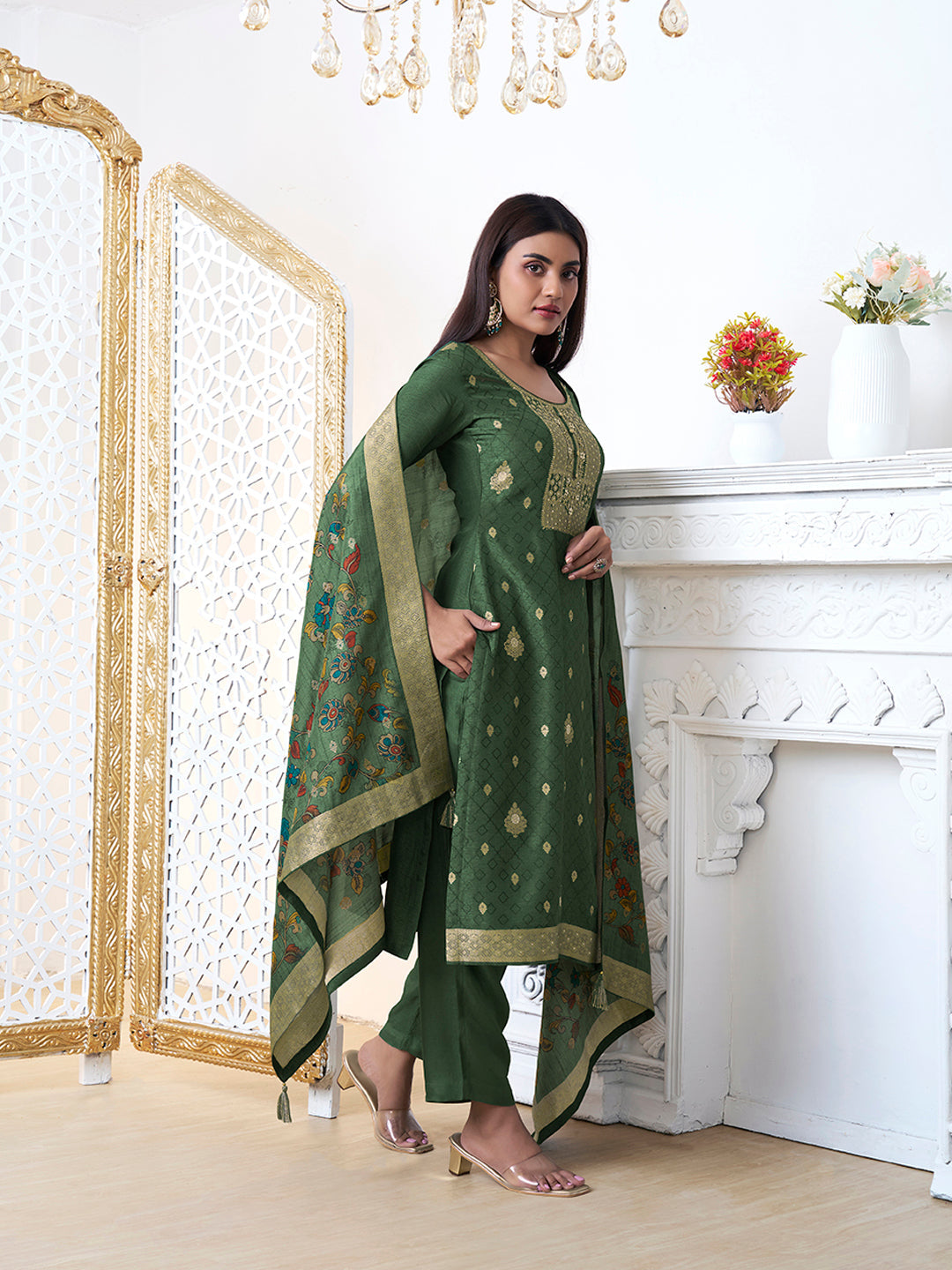 Dark Green Dola Silk with Jacquard Weave Kurta Suit Set