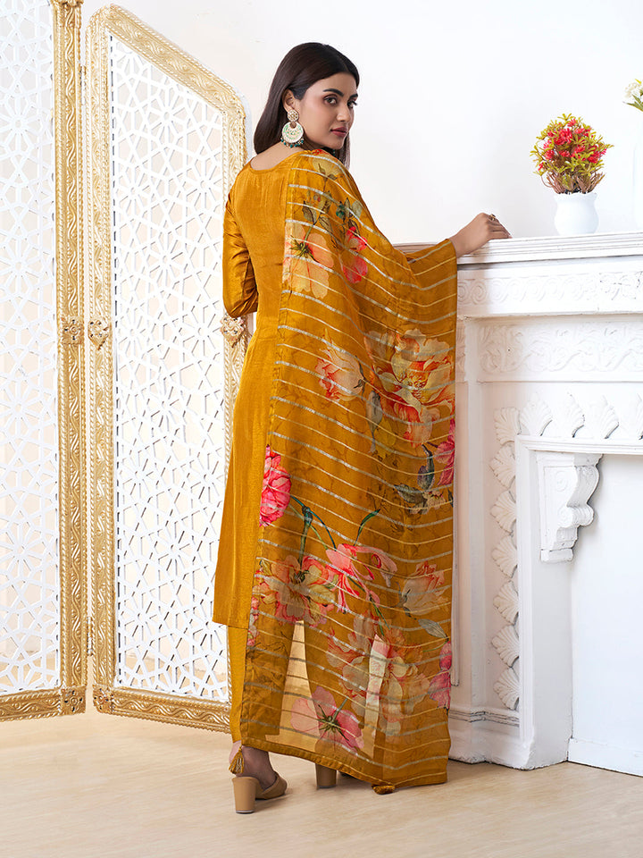 Mustard Yellow Dola Ethic Motifs Jacquard Kurta Suit Set by Qivii