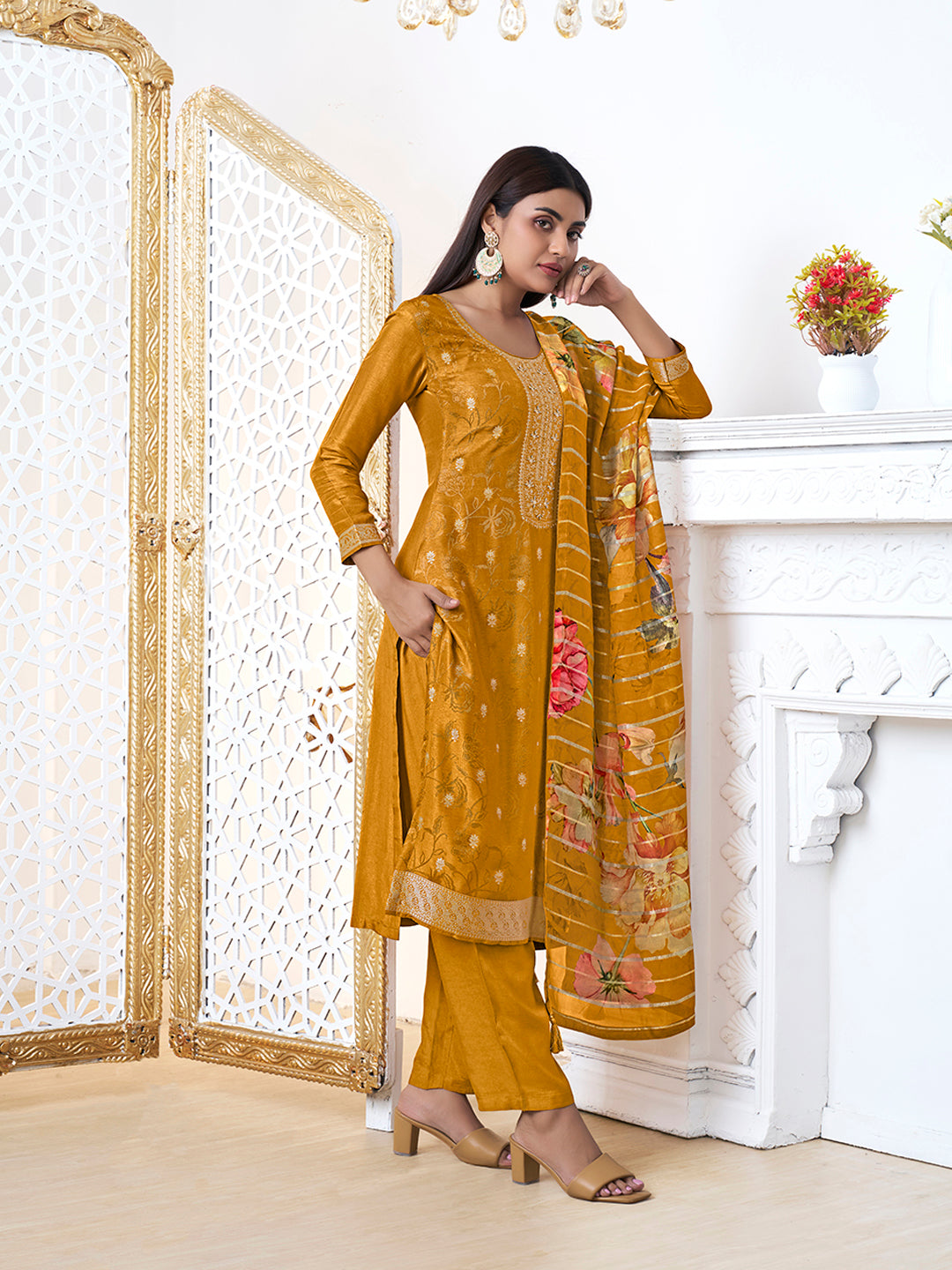 Mustard Yellow Dola Ethic Motifs Jacquard Kurta Suit Set by Qivii