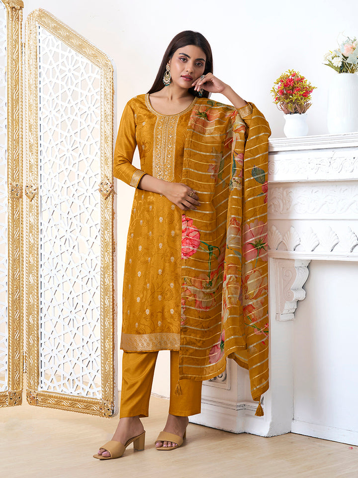 Mustard Yellow Dola Ethic Motifs Jacquard Kurta Suit Set by Qivii