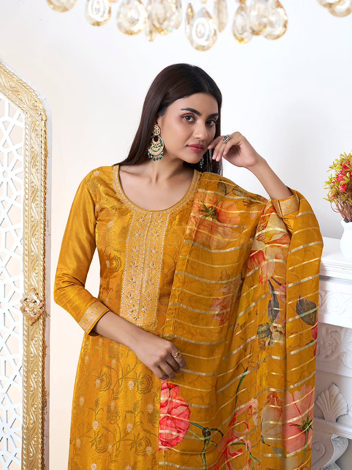 Mustard Yellow Dola Ethic Motifs Jacquard Kurta Suit Set by Qivii