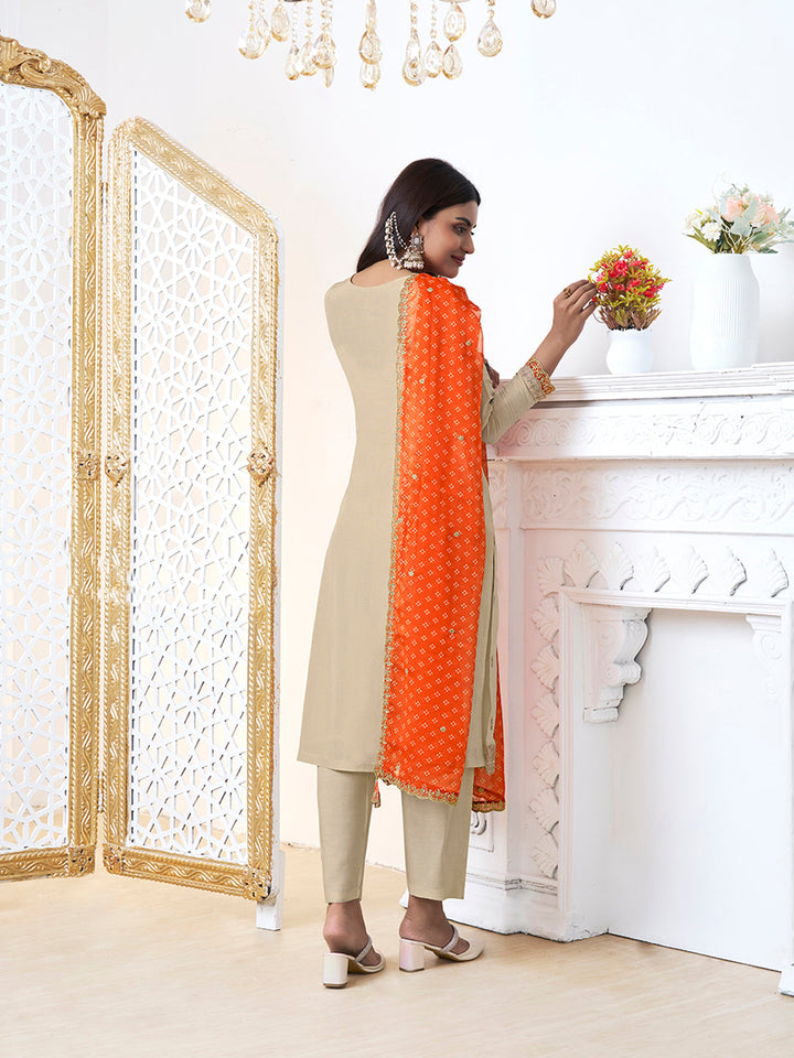 Off-White Tissue with Bandhi Print Colour Contrast Dupatta Kurta Suit Set