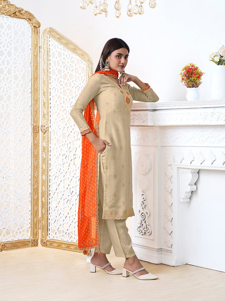 Off-White Tissue with Bandhi Print Colour Contrast Dupatta Kurta Suit Set