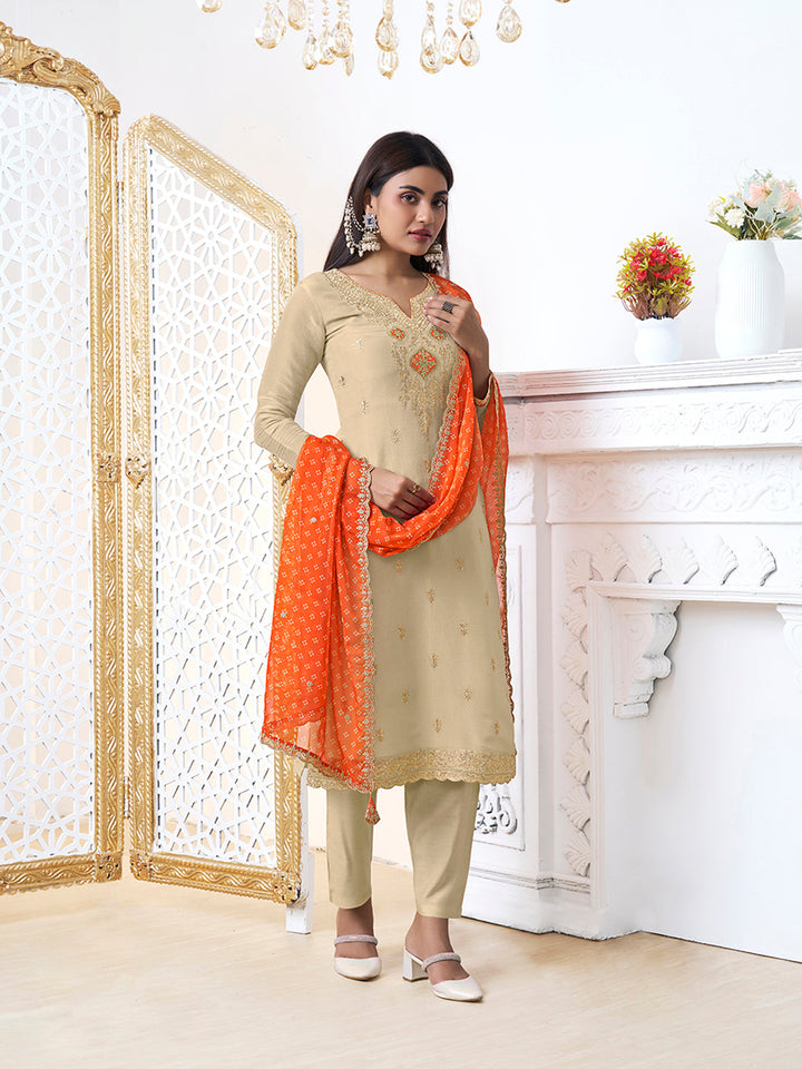 Off-White Tissue with Bandhi Print Colour Contrast Dupatta Kurta Suit Set