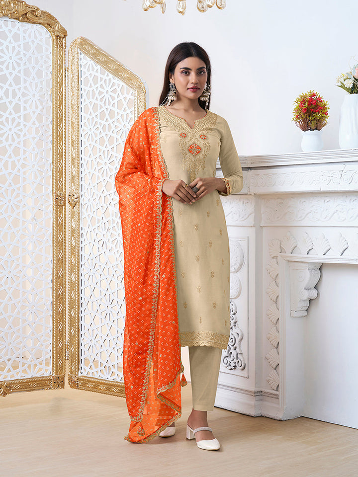 Off-White Tissue with Bandhi Print Colour Contrast Dupatta Kurta Suit Set