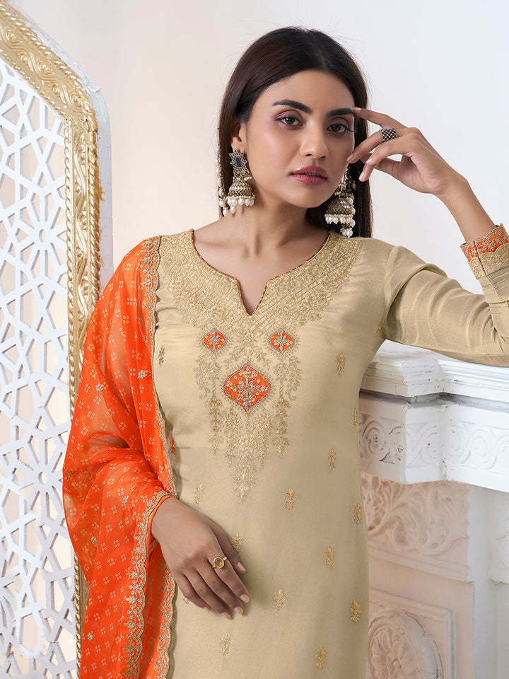 Off-White Tissue with Bandhi Print Colour Contrast Dupatta Kurta Suit Set