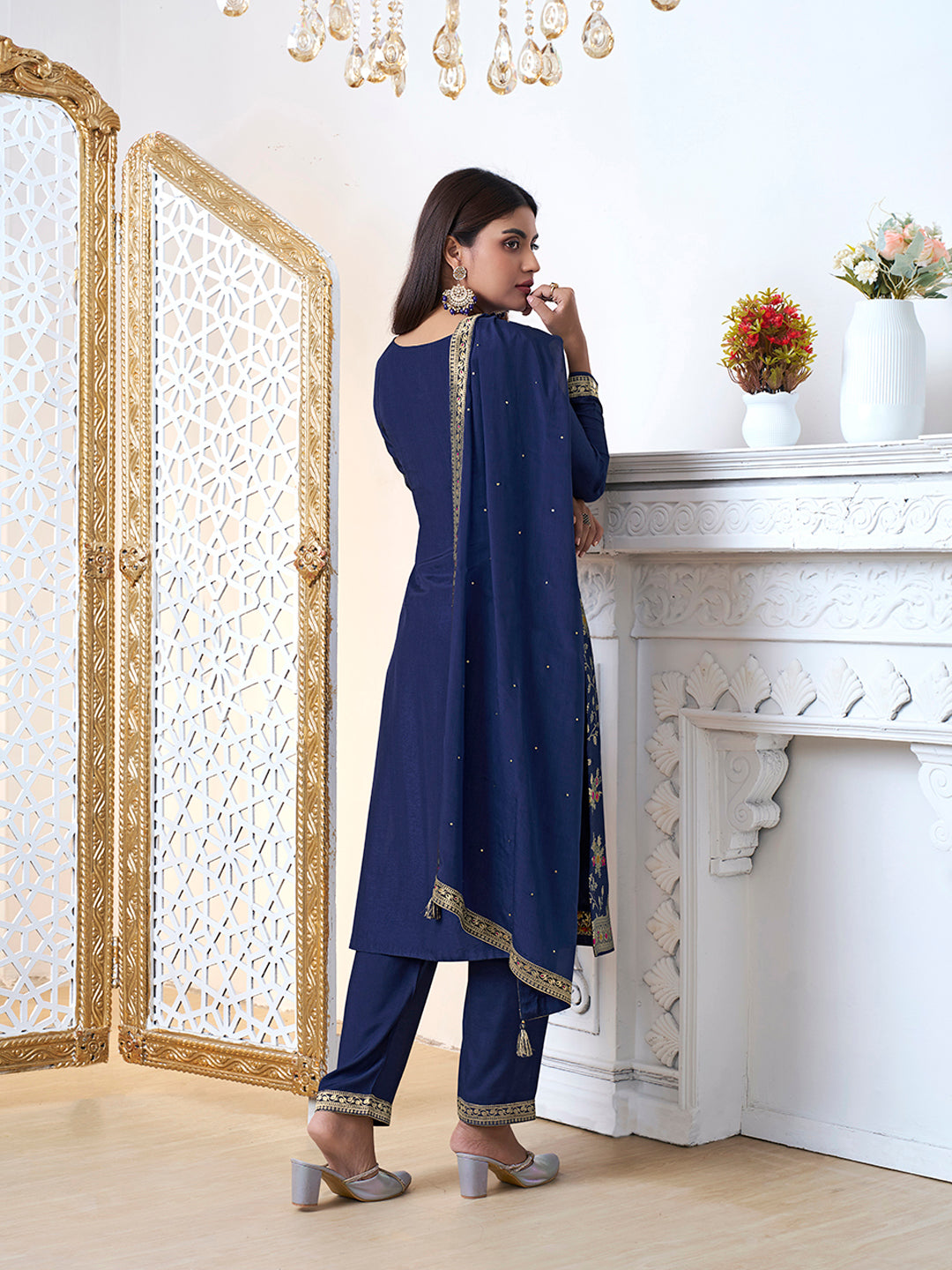 Navy Blue Meena Jacquard Kurta Suit Set by Qivii