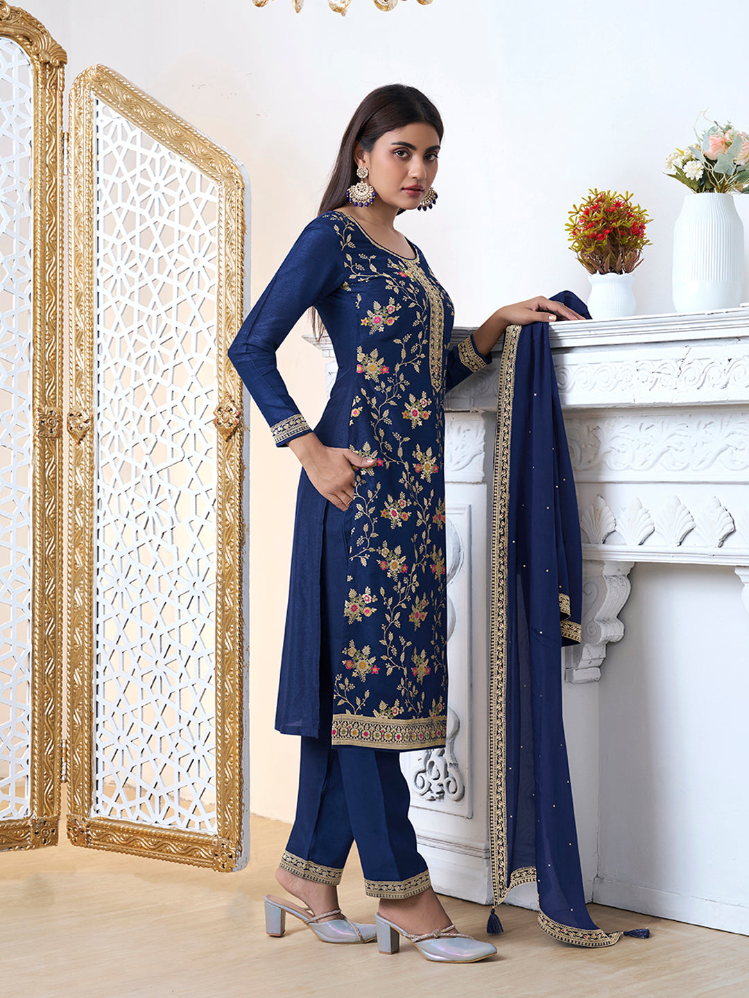 Navy Blue Meena Jacquard Kurta Suit Set by Qivii