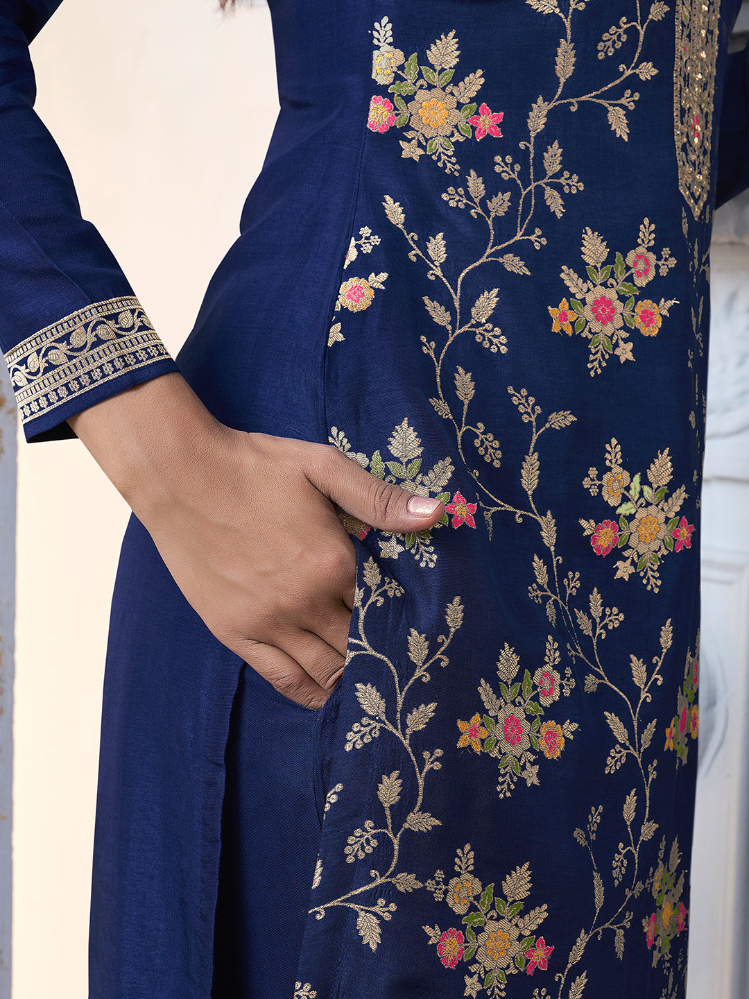 Navy Blue Meena Jacquard Kurta Suit Set by Qivii