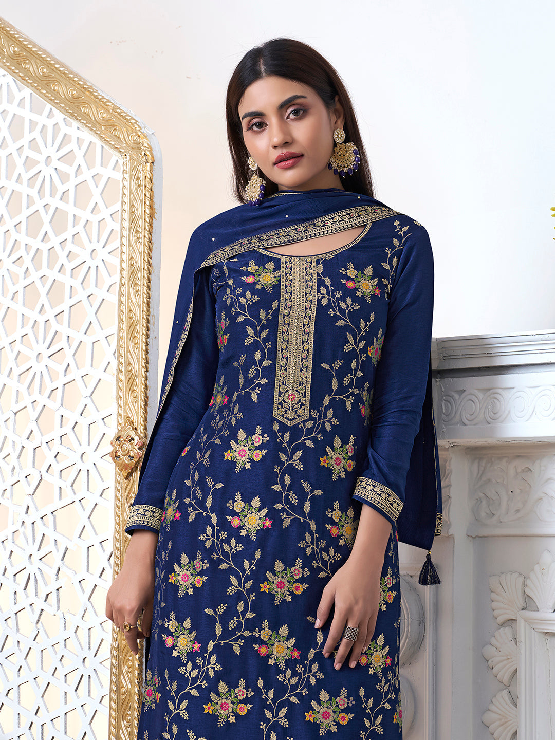 Navy Blue Meena Jacquard Kurta Suit Set by Qivii