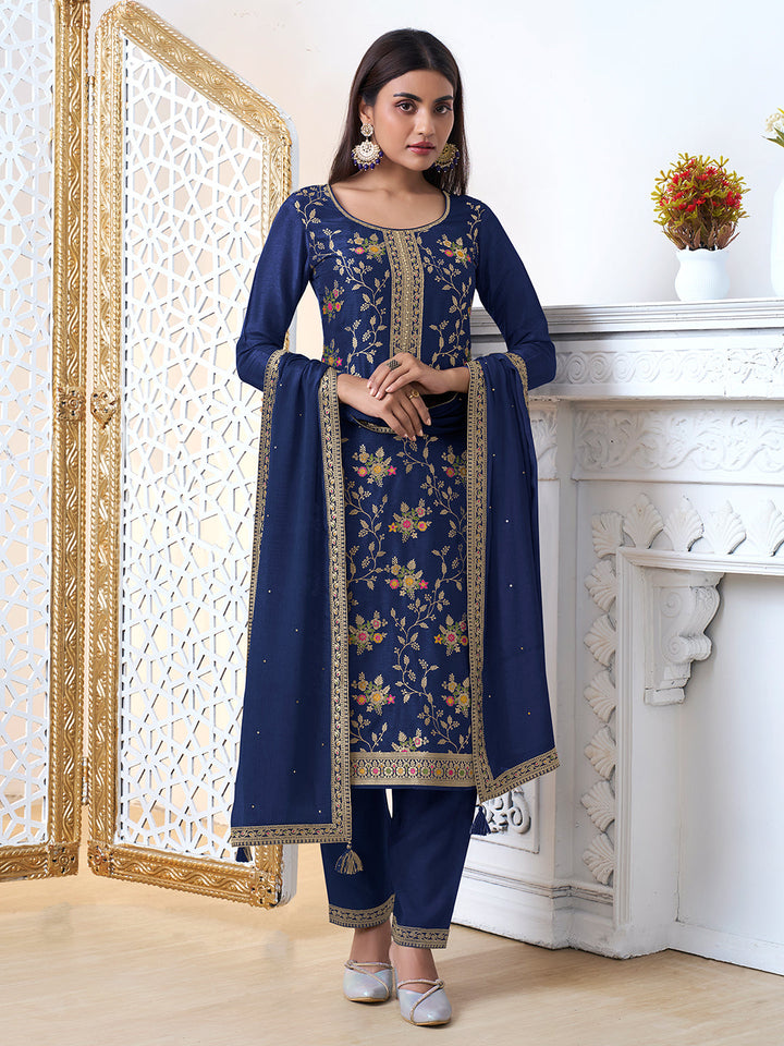 Navy Blue Meena Jacquard Kurta Suit Set by Qivii