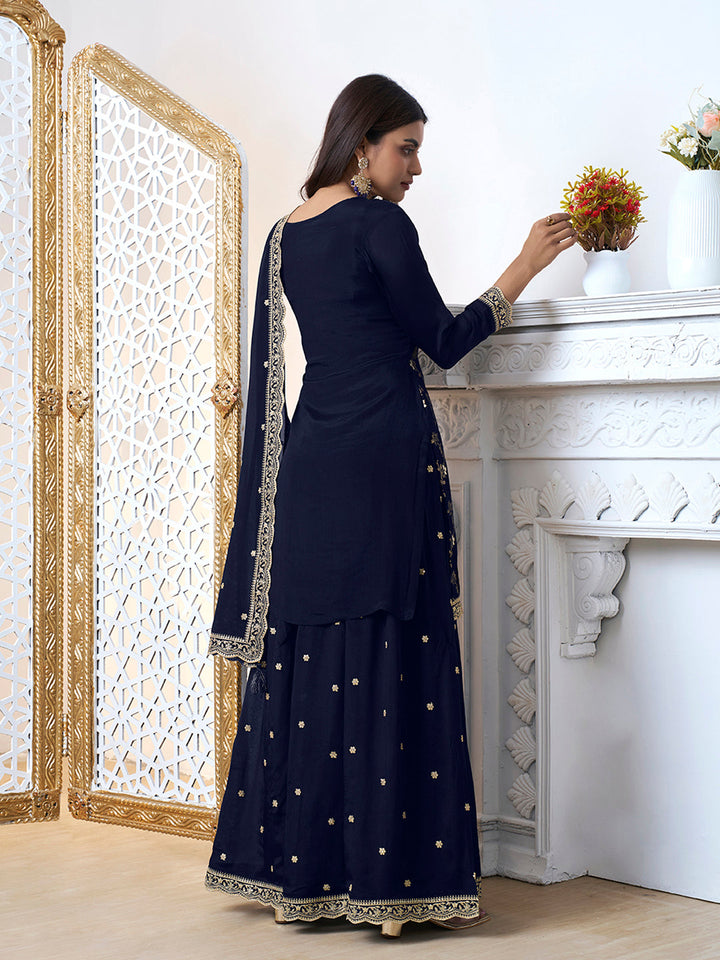 Navy Blue Floral Jaal Jacquard with Embroidered Sharara Suit Set