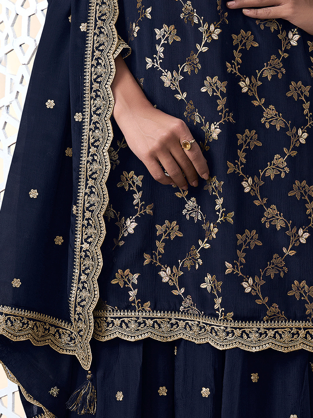 Navy Blue Floral Jaal Jacquard with Embroidered Sharara Suit Set