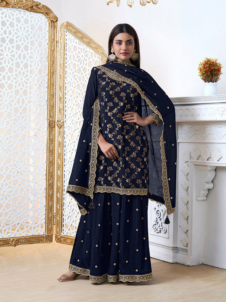 Navy Blue Floral Jaal Jacquard with Embroidered Sharara Suit Set