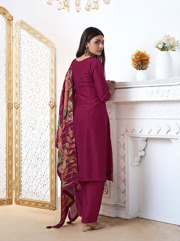 Wine Dola Ethic Motifs Jacquard Kurta Suit Set by Qivii