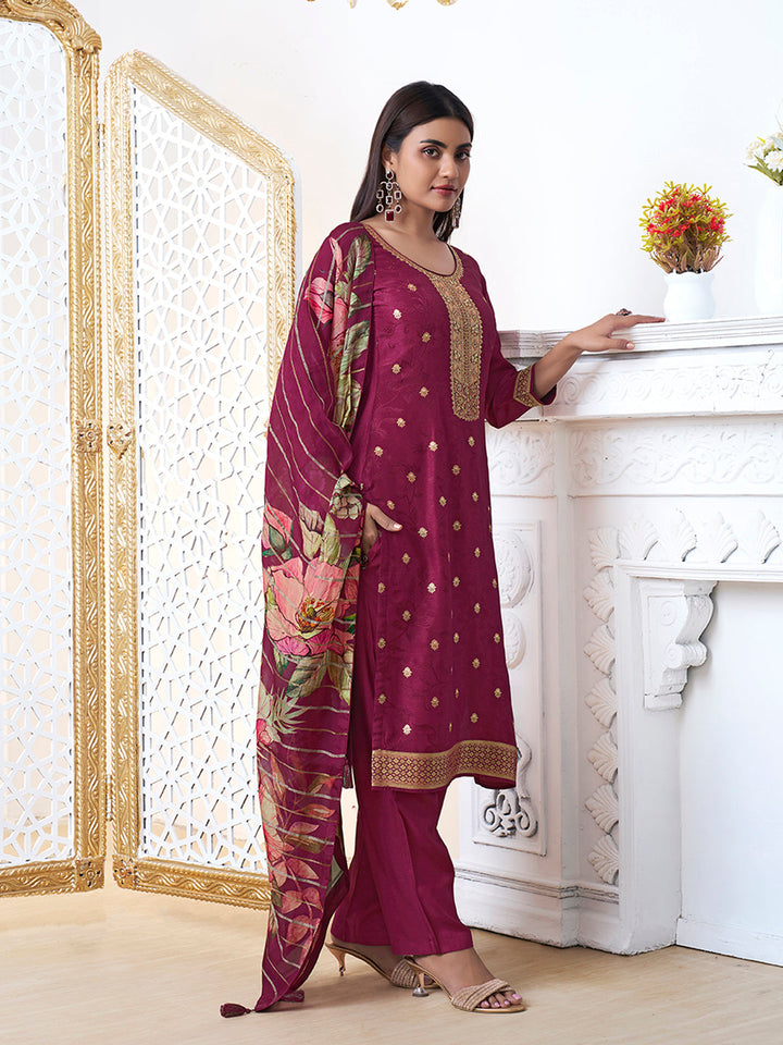 Wine Dola Ethic Motifs Jacquard Kurta Suit Set by Qivii