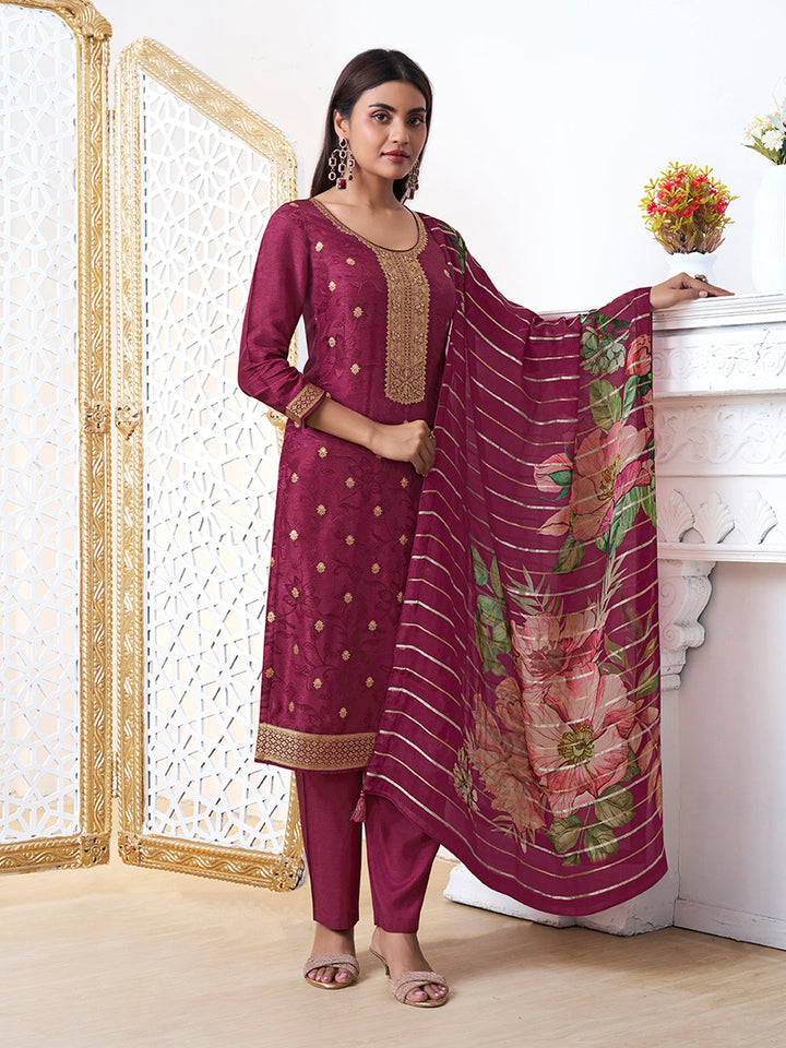 Wine Dola Ethic Motifs Jacquard Kurta Suit Set by Qivii