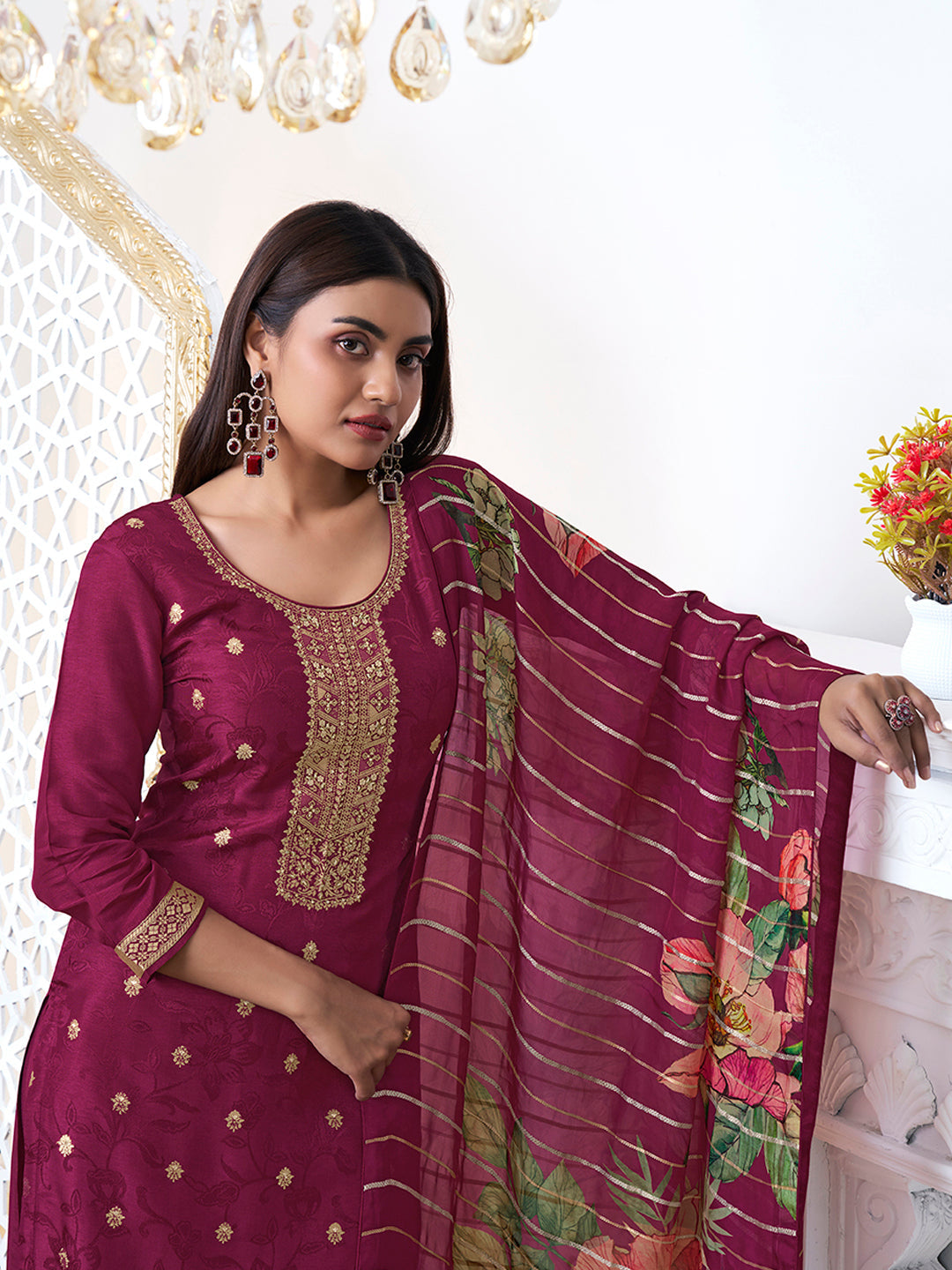 Wine Dola Ethic Motifs Jacquard Kurta Suit Set by Qivii