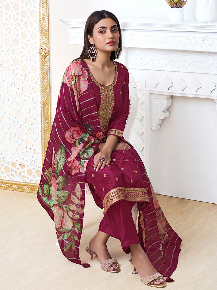 Wine Dola Ethic Motifs Jacquard Kurta Suit Set by Qivii