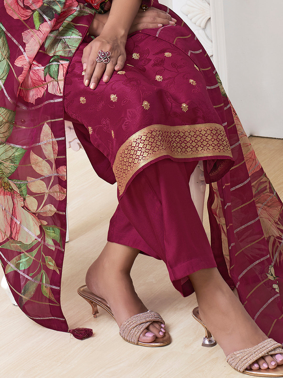 Wine Dola Ethic Motifs Jacquard Kurta Suit Set by Qivii