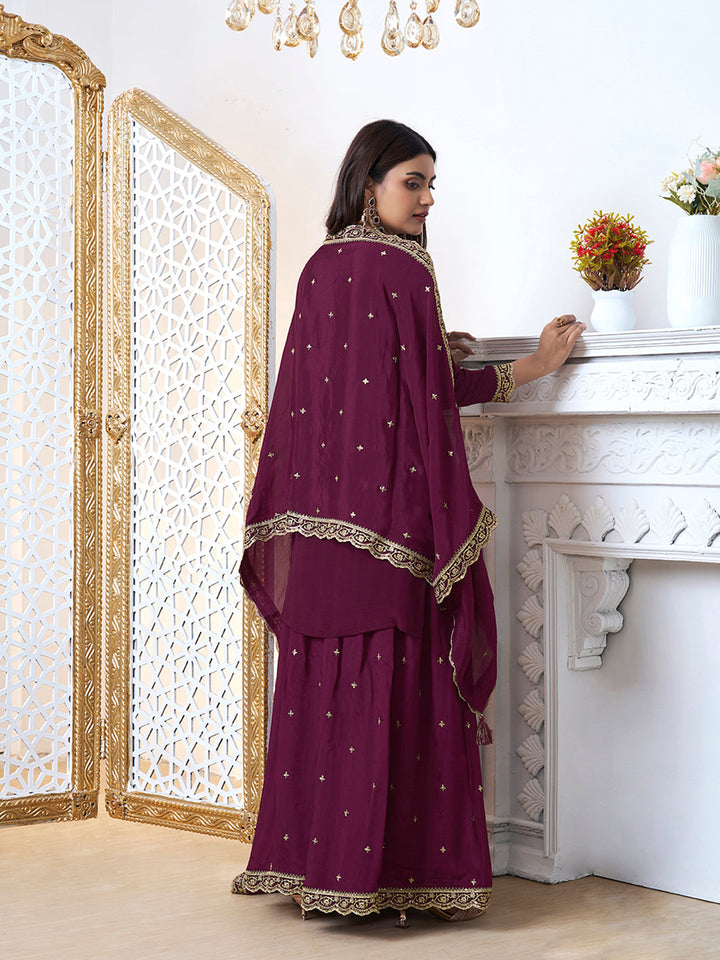 Burgundy Floral Jaal Jacquard with Embroidered Sharara Suit Set