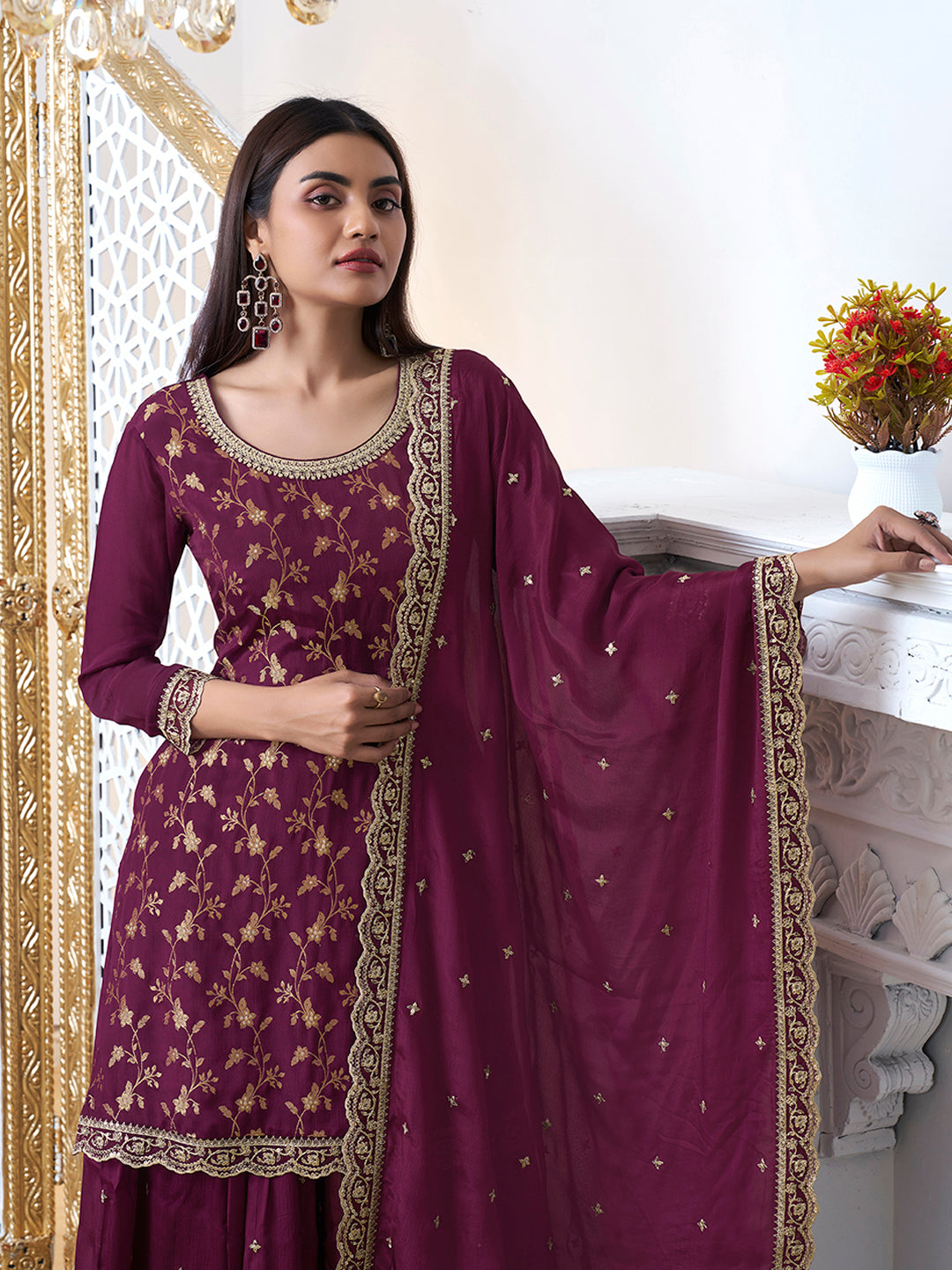 Burgundy Floral Jaal Jacquard with Embroidered Sharara Suit Set