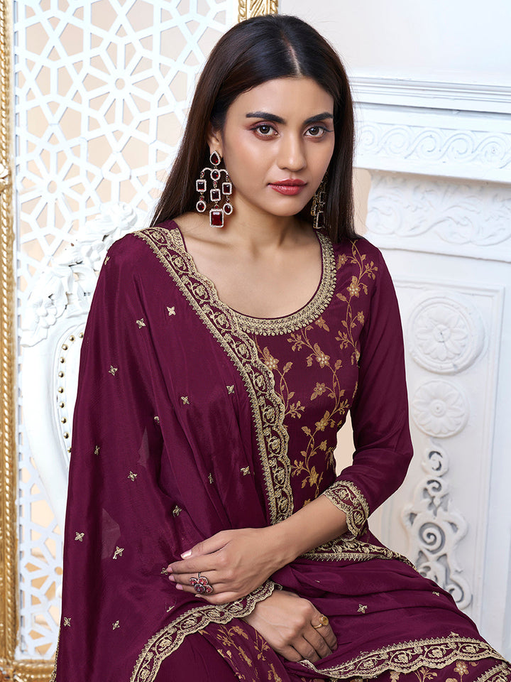 Burgundy Floral Jaal Jacquard with Embroidered Sharara Suit Set