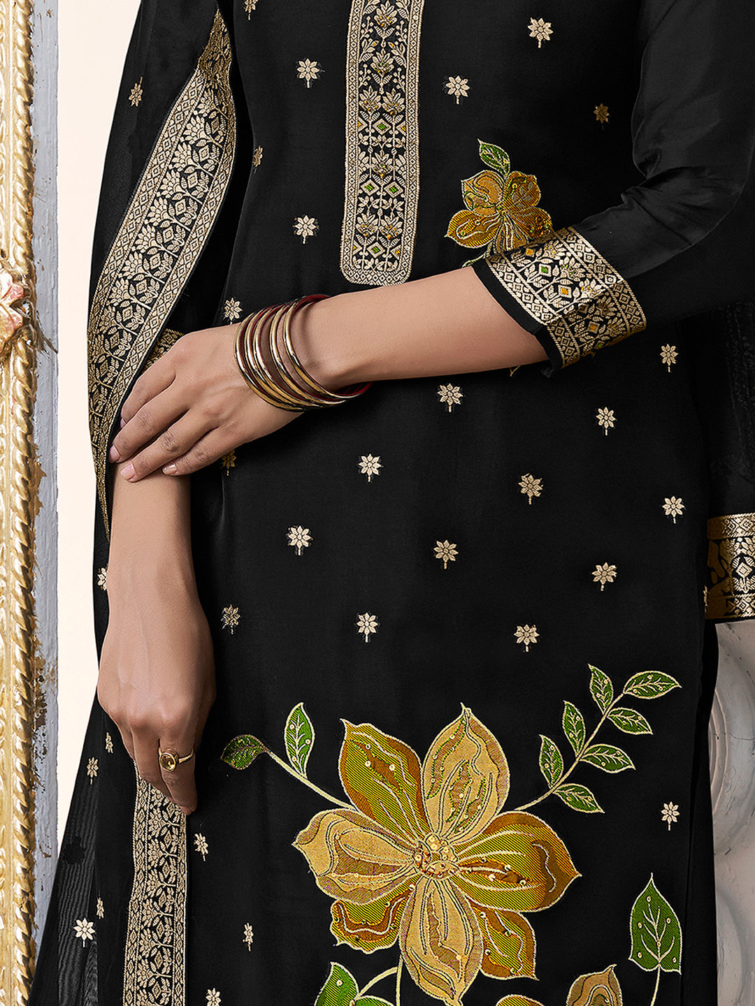 Black Organza Jacquard Floral Top Dyed Kurta Suit Set