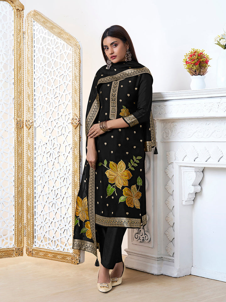 Black Organza Jacquard Floral Top Dyed Kurta Suit Set