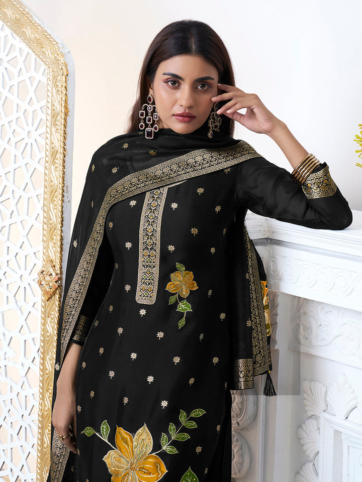 Black Organza Jacquard Floral Top Dyed Kurta Suit Set