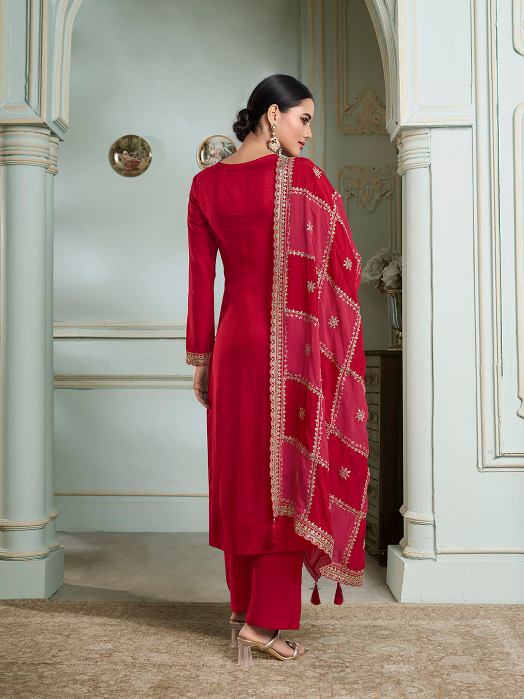 Red Dola Jacquard with Heavy Sequins Embroidery Kurta Suit set by Qivii