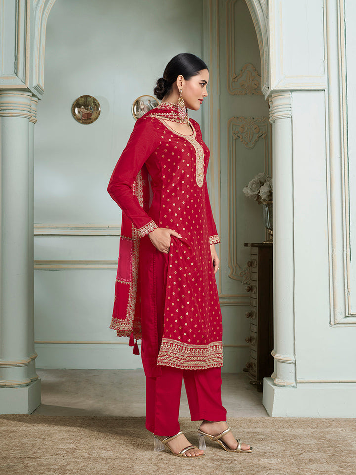 Red Dola Jacquard with Heavy Sequins Embroidery Kurta Suit set by Qivii