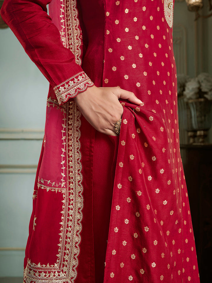 Red Dola Jacquard with Heavy Sequins Embroidery Kurta Suit set by Qivii