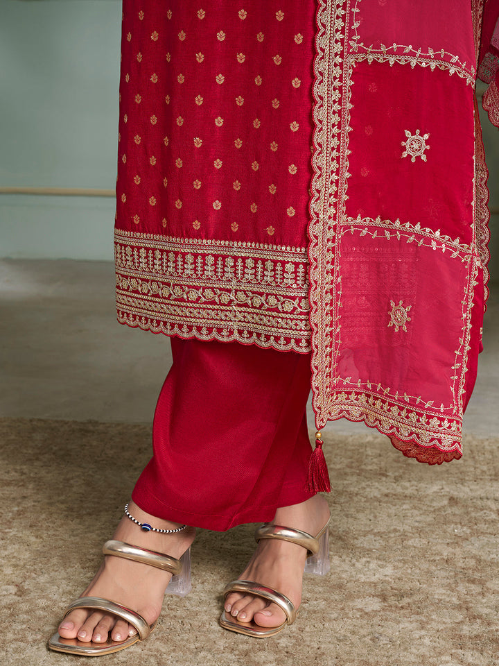 Red Dola Jacquard with Heavy Sequins Embroidery Kurta Suit set by Qivii