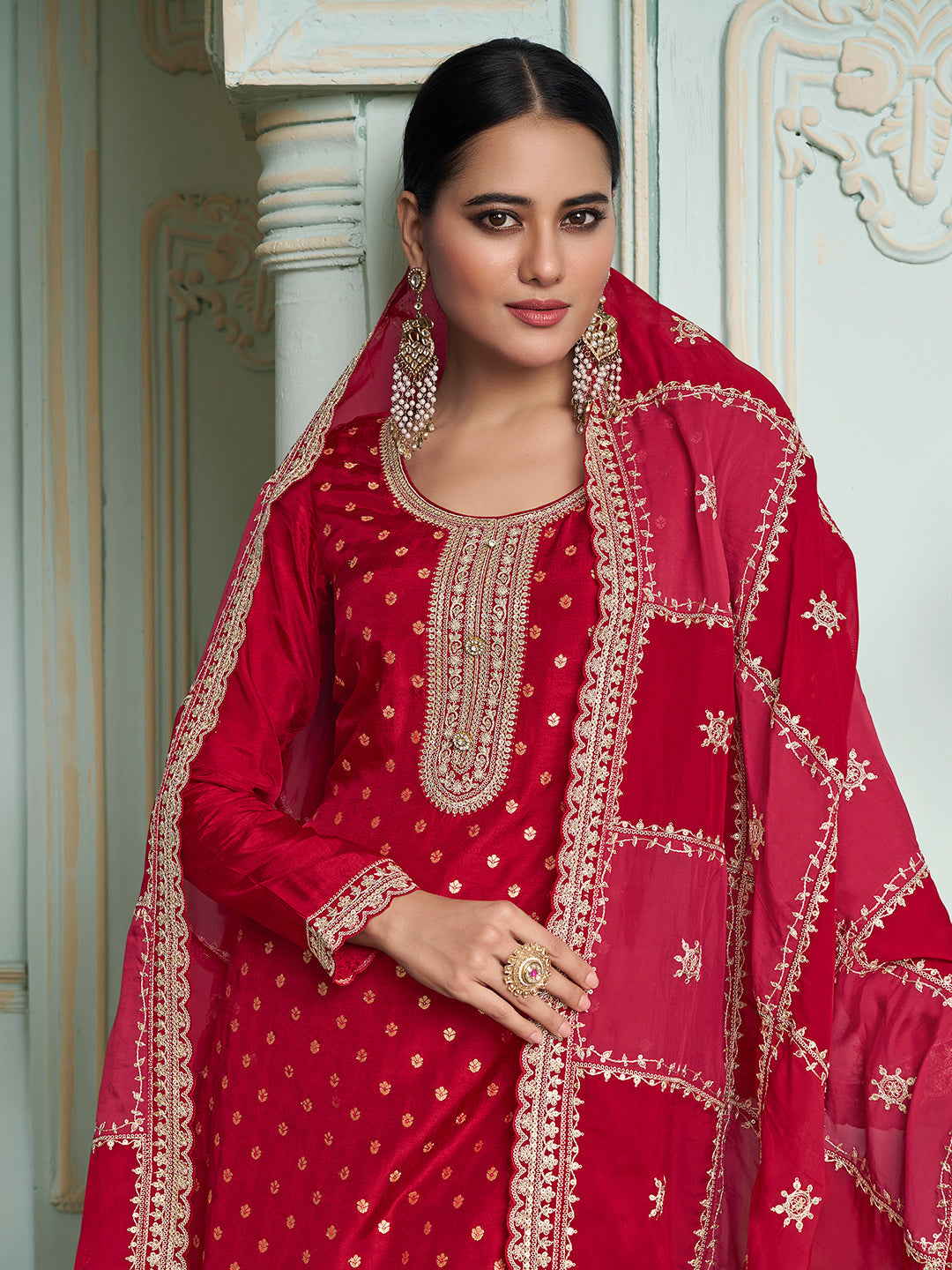 Red Dola Jacquard with Heavy Sequins Embroidery Kurta Suit set by Qivii