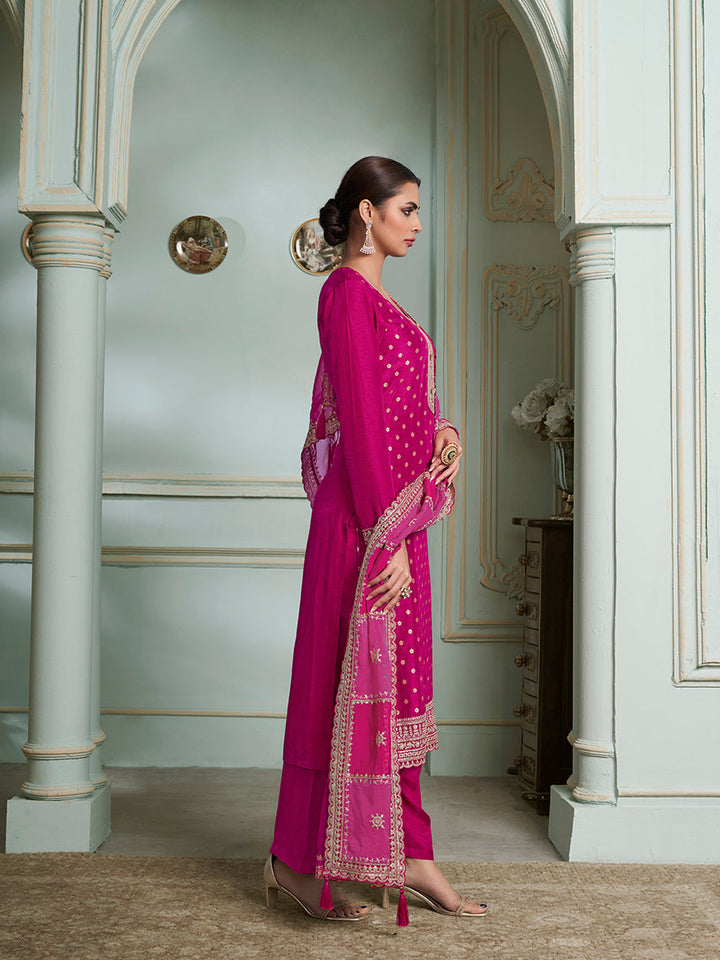 Hot Pink Dola Jacquard with Heavy Sequins Embroidery Kurta Suit set by Qivii