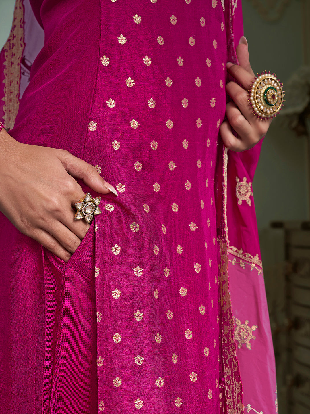 Hot Pink Dola Jacquard with Heavy Sequins Embroidery Kurta Suit set by Qivii