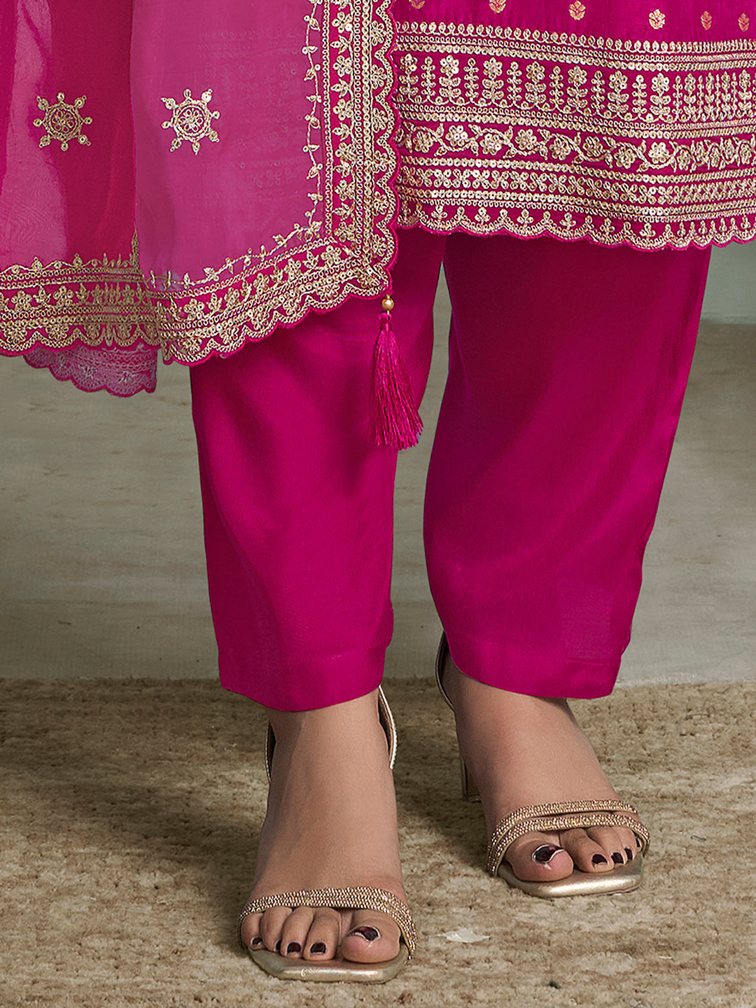 Hot Pink Kurta Set in Dola Jacquard with Sequins Embroidery