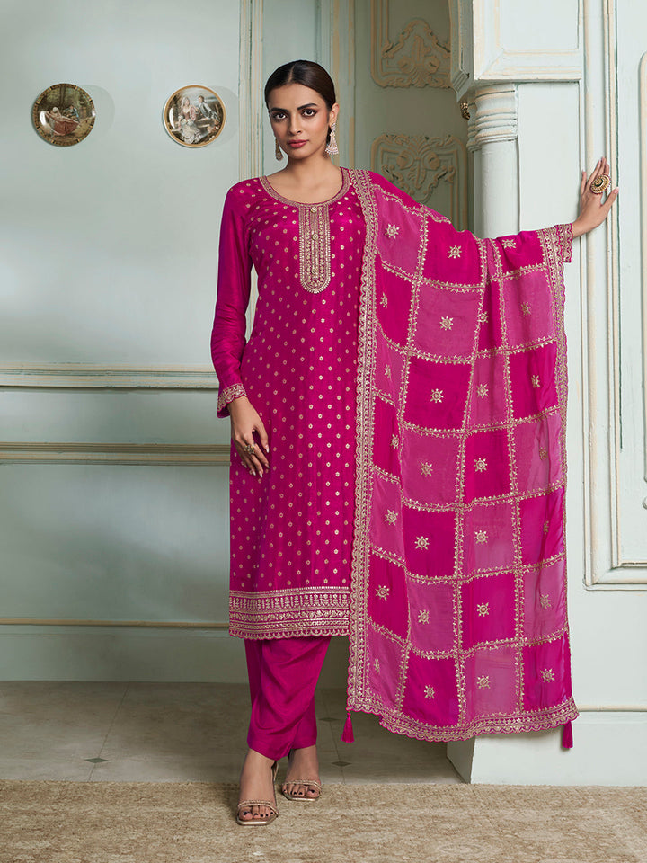 Hot Pink Dola Jacquard with Heavy Sequins Embroidery Kurta Suit set by Qivii