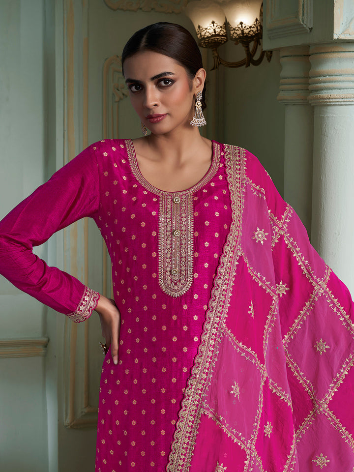 Hot Pink Dola Jacquard with Heavy Sequins Embroidery Kurta Suit set by Qivii