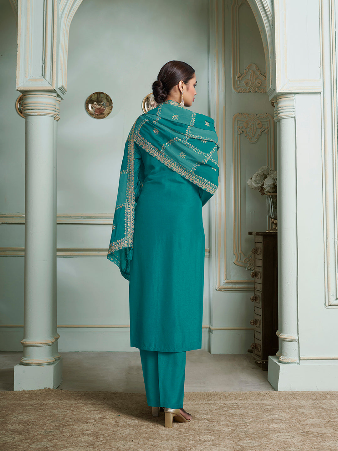 Turquoise Dola Jacquard with Heavy Sequins Embroidery Kurta Suit set by Qivii