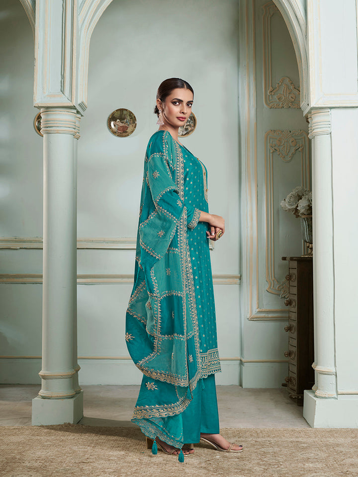 Turquoise Dola Jacquard with Heavy Sequins Embroidery Kurta Suit set by Qivii