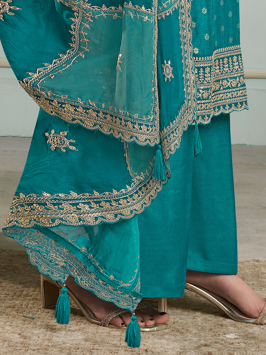 Turquoise Dola Jacquard with Heavy Sequins Embroidery Kurta Suit set by Qivii