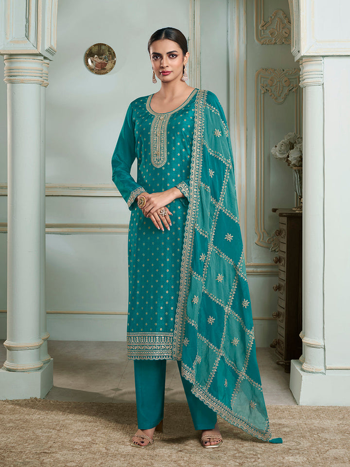 Turquoise Dola Jacquard with Heavy Sequins Embroidery Kurta Suit set by Qivii