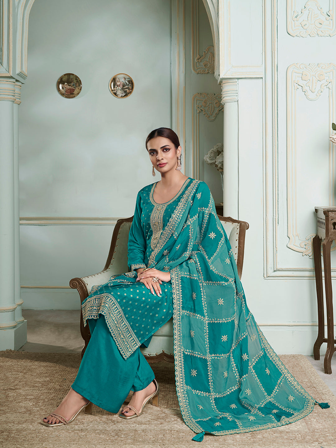 Turquoise Dola Jacquard with Heavy Sequins Embroidery Kurta Suit set by Qivii