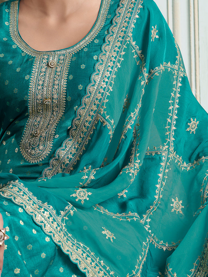 Turquoise Dola Jacquard with Heavy Sequins Embroidery Kurta Suit set by Qivii