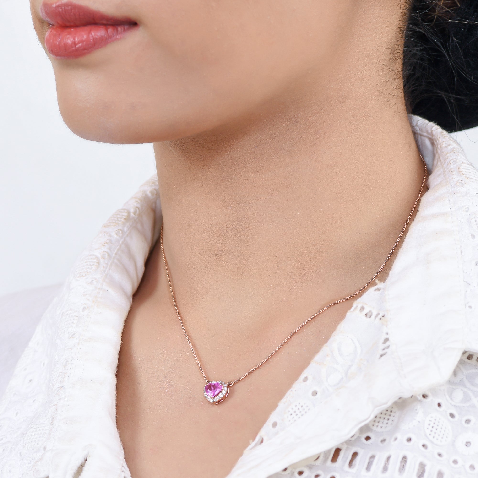 Pink Sapphire Heart With Diamond Pendant Gold - qivii